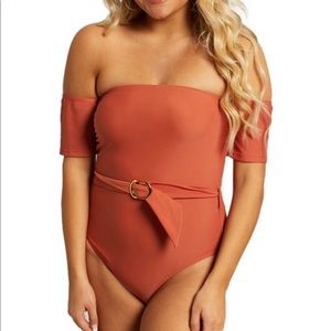 0182Burnt Orange Off-The Shoulder Belted One-Piece